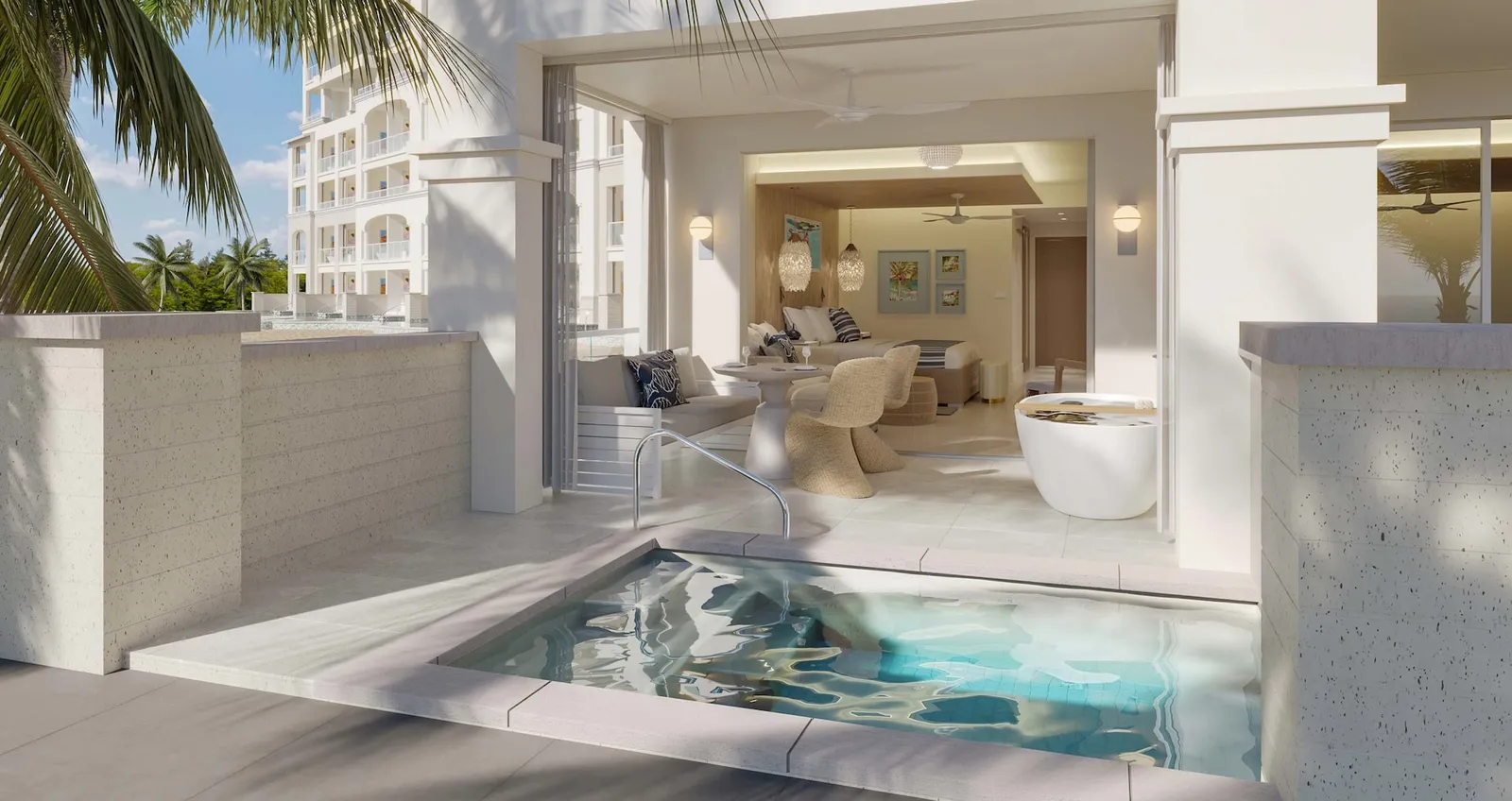 Official rendering of the resort after the works: a private plunge pool on the terrace before the suite’s glass doors.