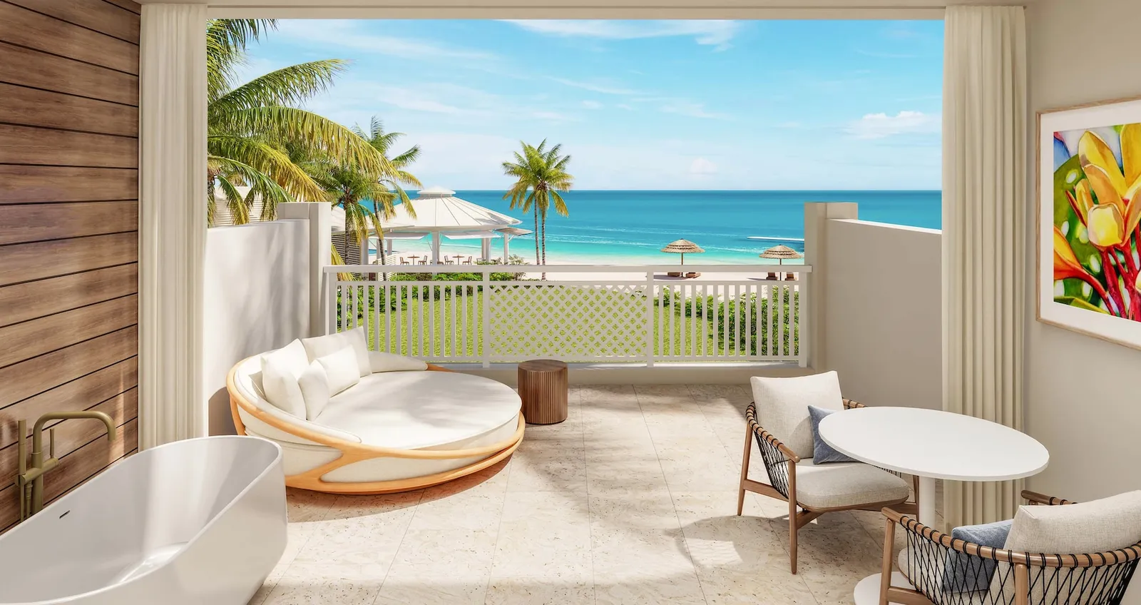 Official rendering of the resort after the works: a terrace with a round daybed, the soaking tub and a view over the lawn to the sea.