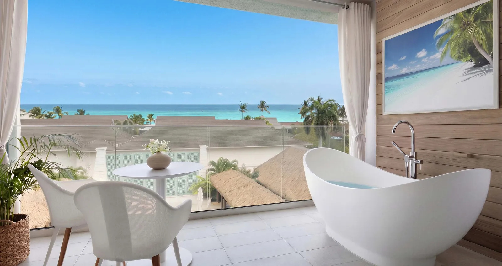 Official image: a balcony with a soaking tub and a small table, above the roofs with the sea beyond.