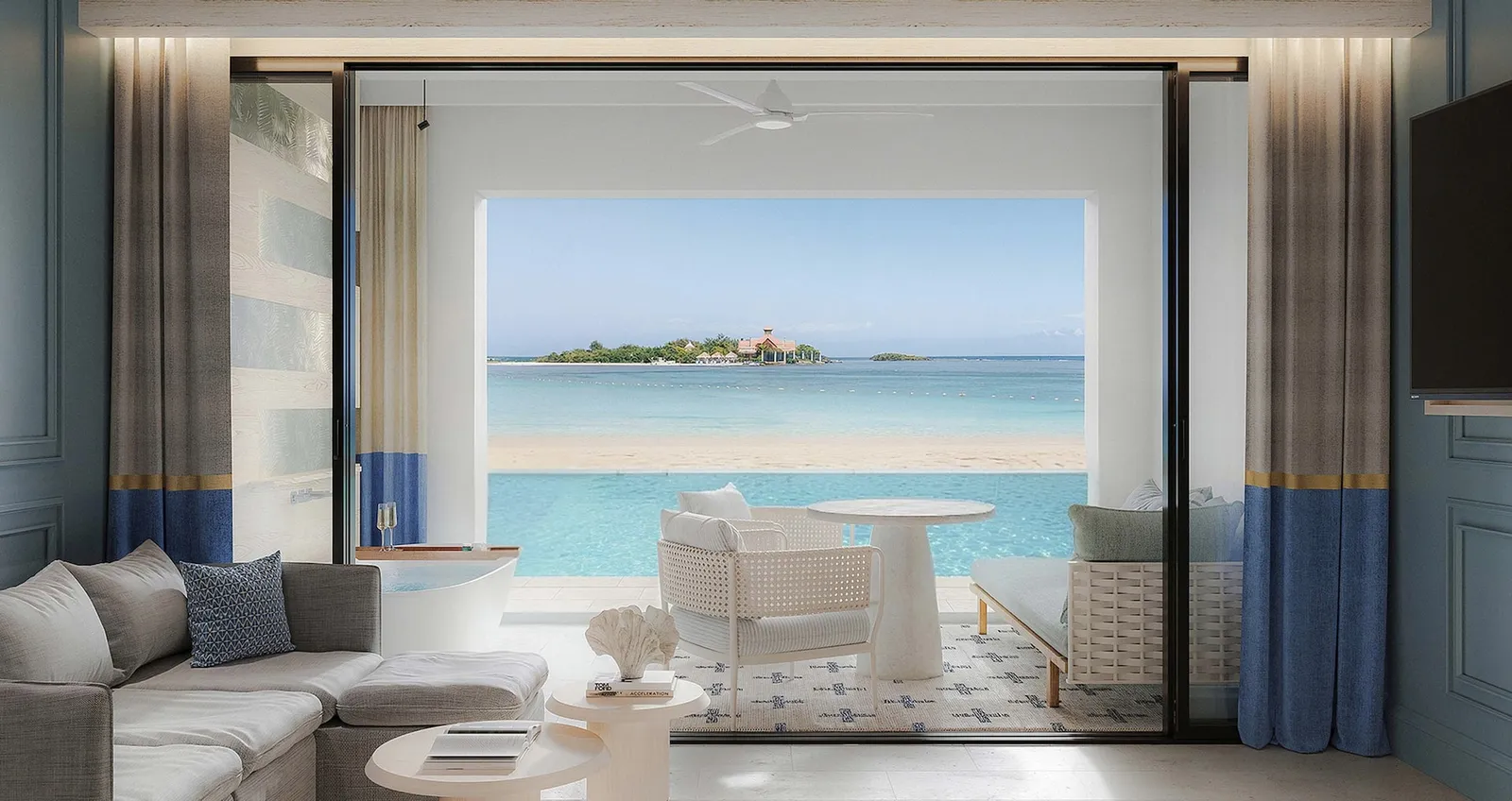 Official rendering of the resort after the works: a sitting room open to its terrace and the pool, the private island on the horizon.