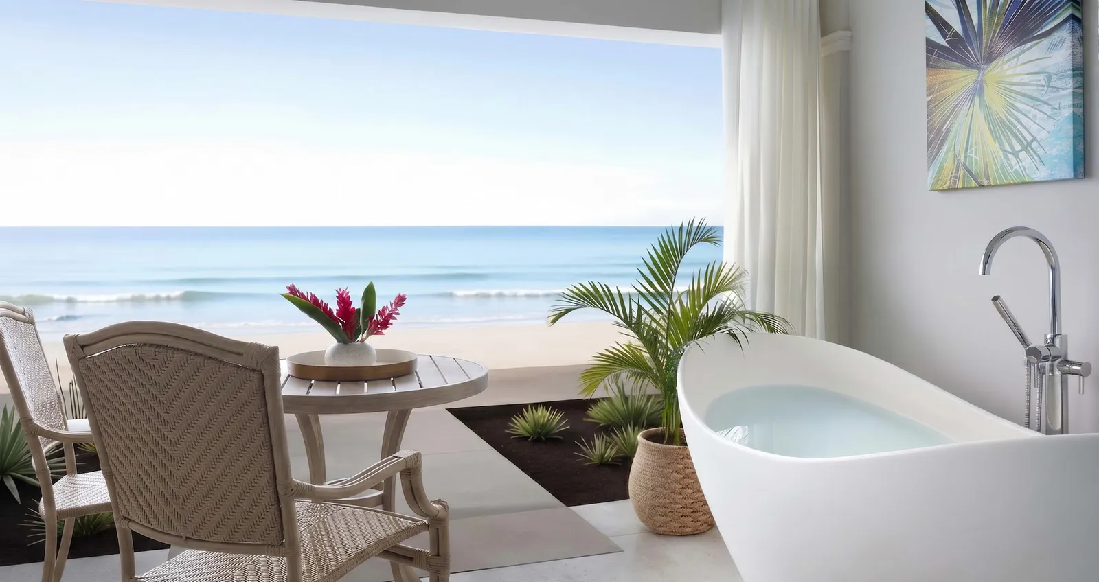 Official image: a ground-floor patio with a soaking tub and chairs, a few steps from the sand.