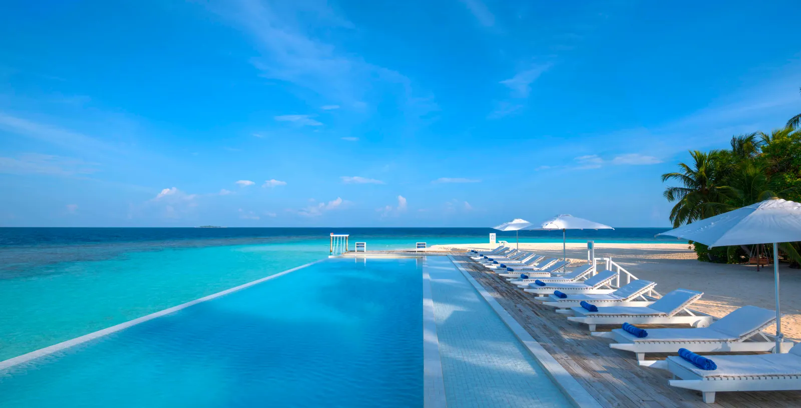 The infinity pool on the beach, loungers and parasols along its edge and the sea beyond the water of the pool.