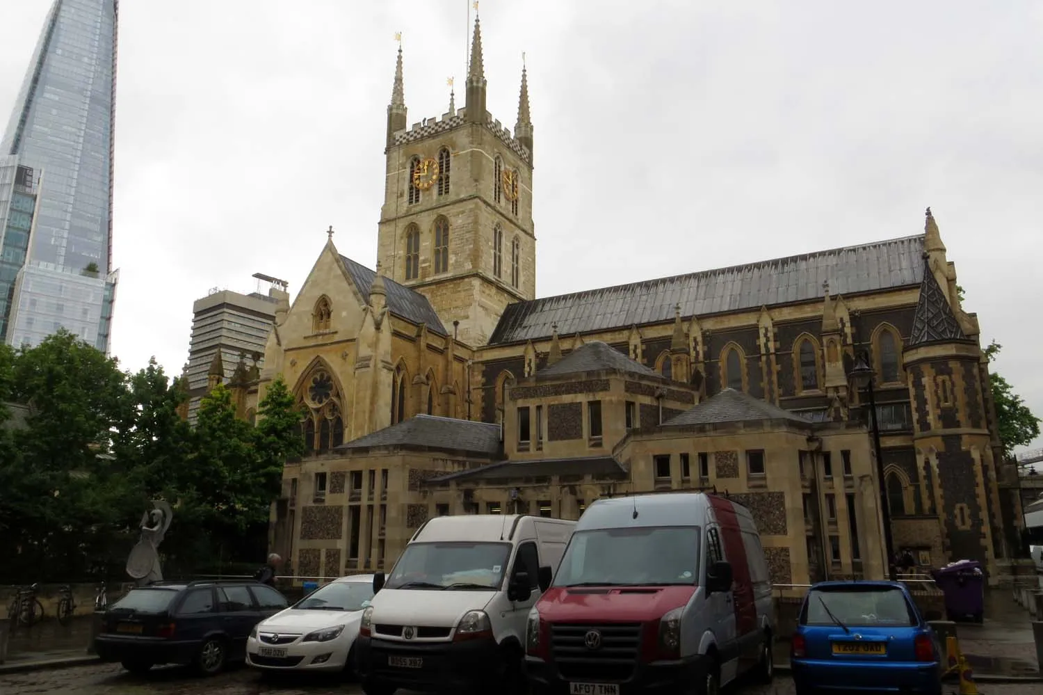 Southwark Cathedral’s Gothic tower, with The Shard behind