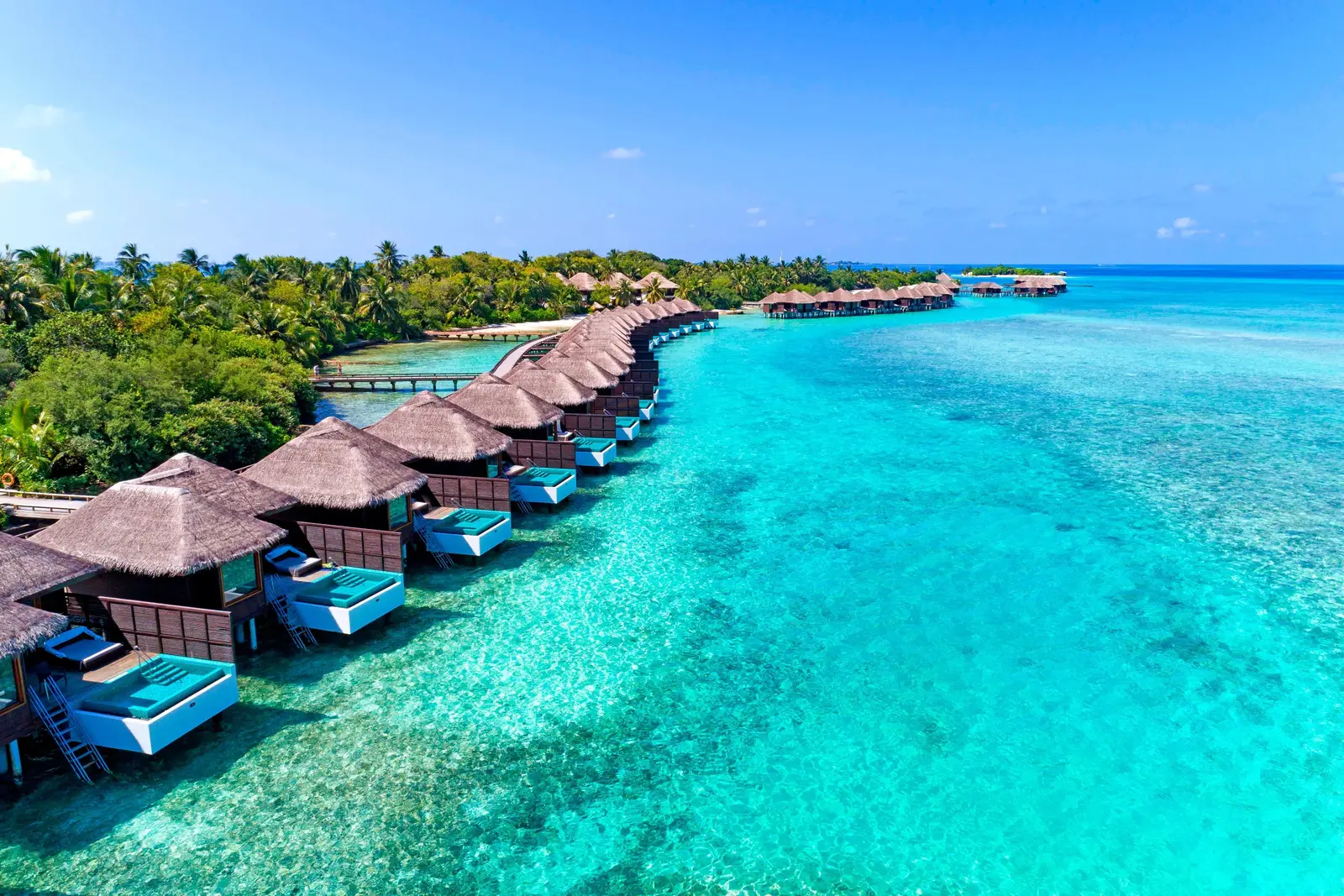 The Overwater Villas with Pool from the air, each with a pool on its deck