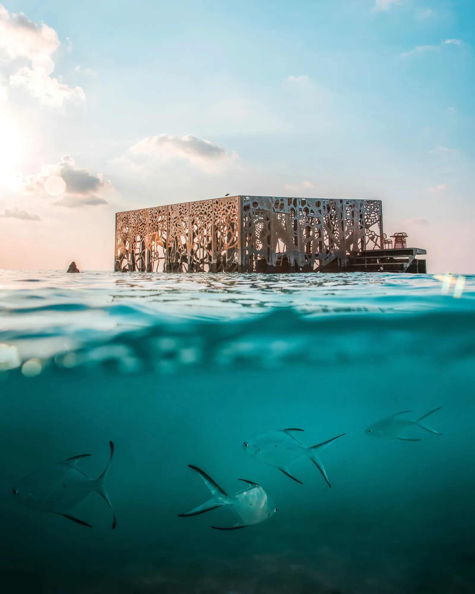 The Coralarium, the perforated steel cube half in the sea and half in the sky, with fish swimming below the surface.