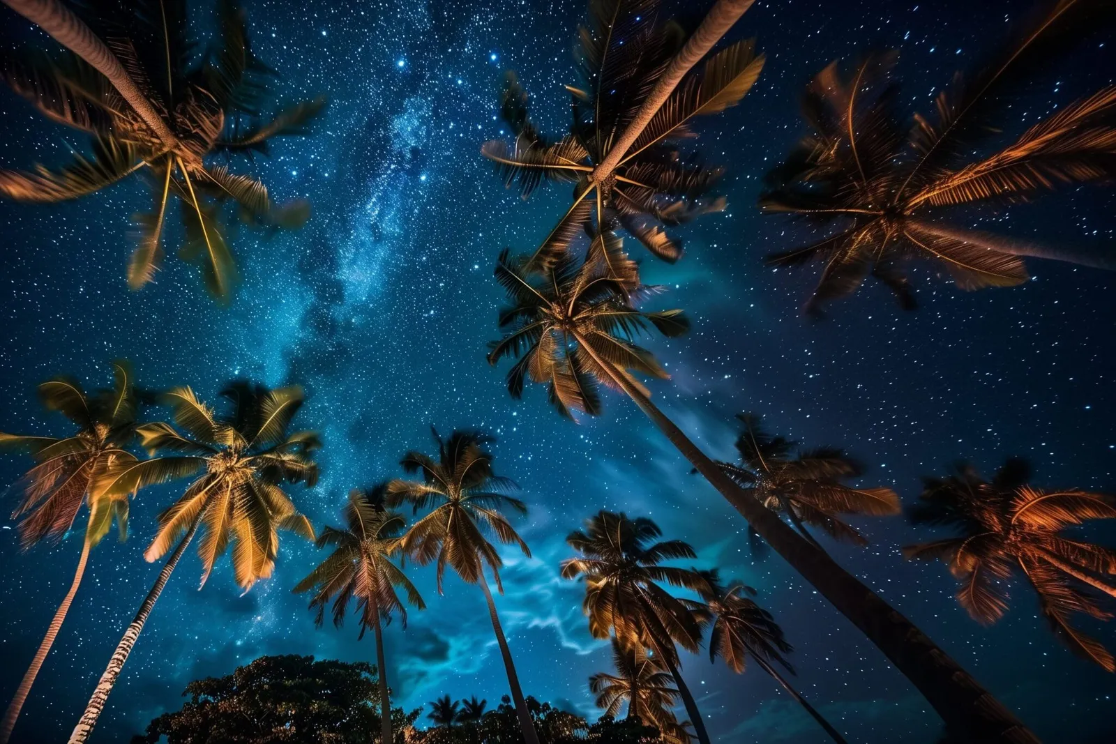 The starry sky and the Milky Way between the palm fronds at night.