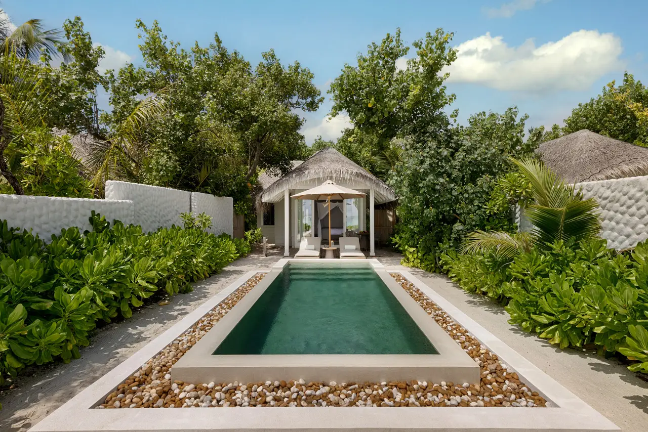 A Beach Villa with Pool: the rectangular pool among the plants and the thatched villa