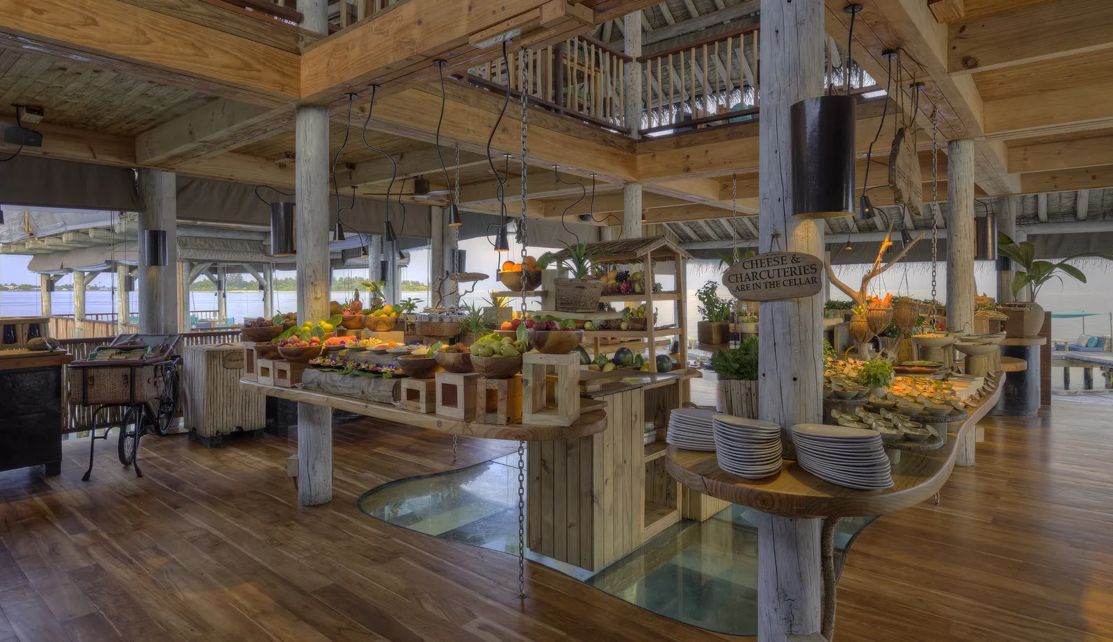 The breakfast buffet at Longitude, under timber beams