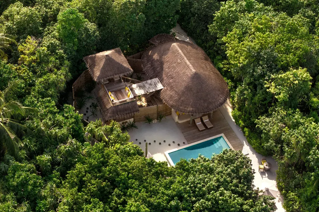 A Lagoon Beach Villa with Pool from above, its pool among the trees