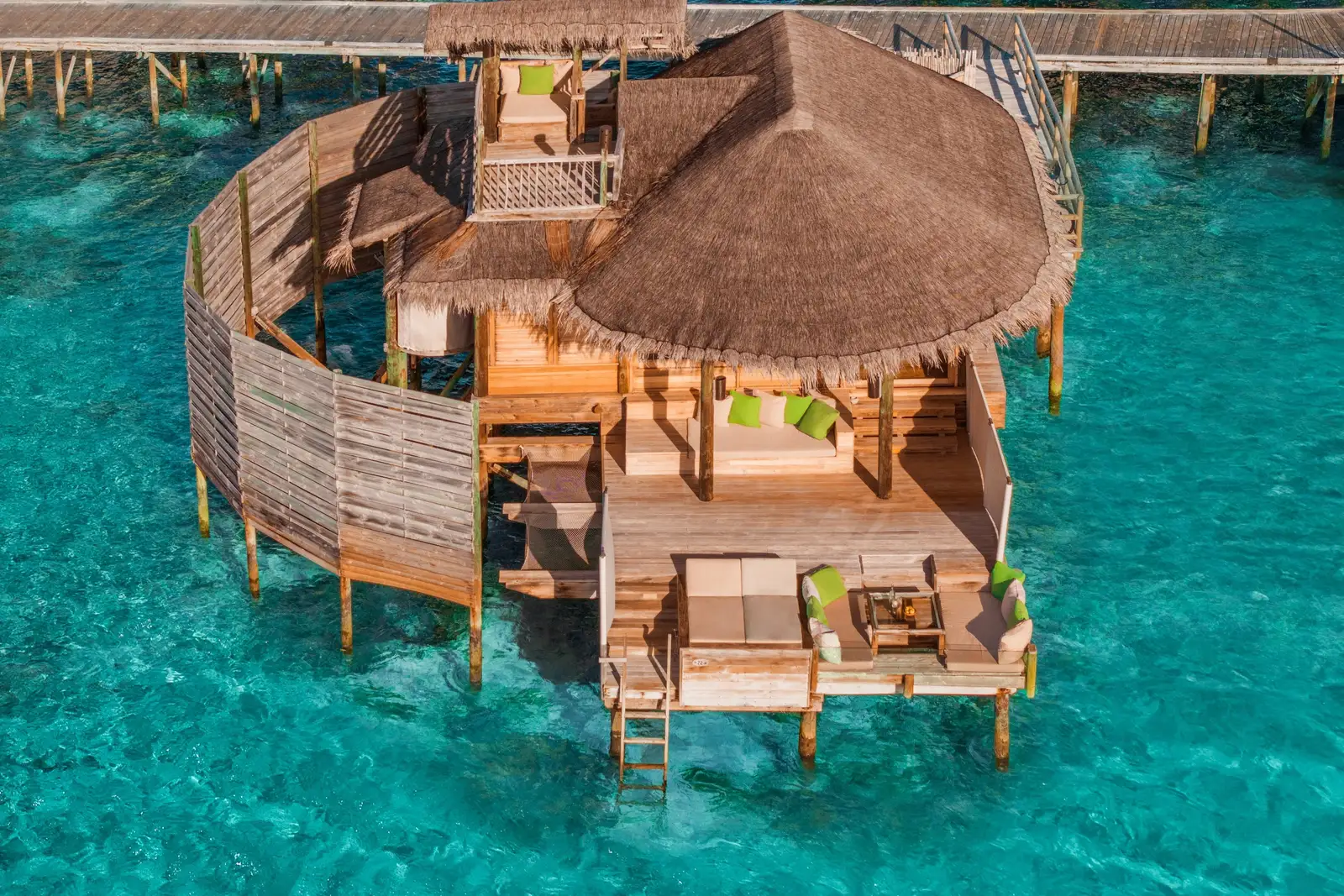 A Sunset Laamu Water Villa from the air, on Jetty A