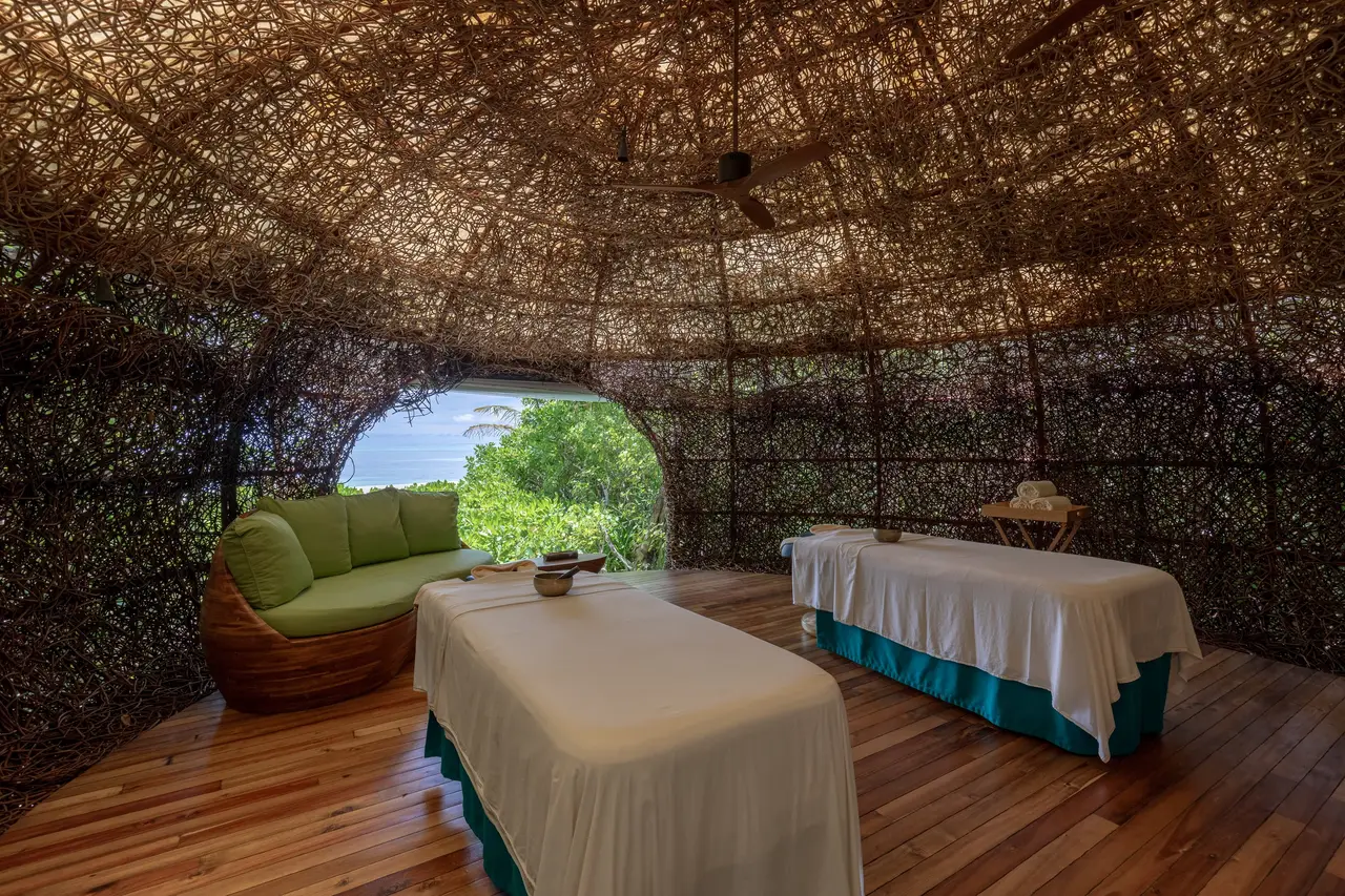 A spa nest: 2 beds under a woven timber dome, an opening onto the greenery