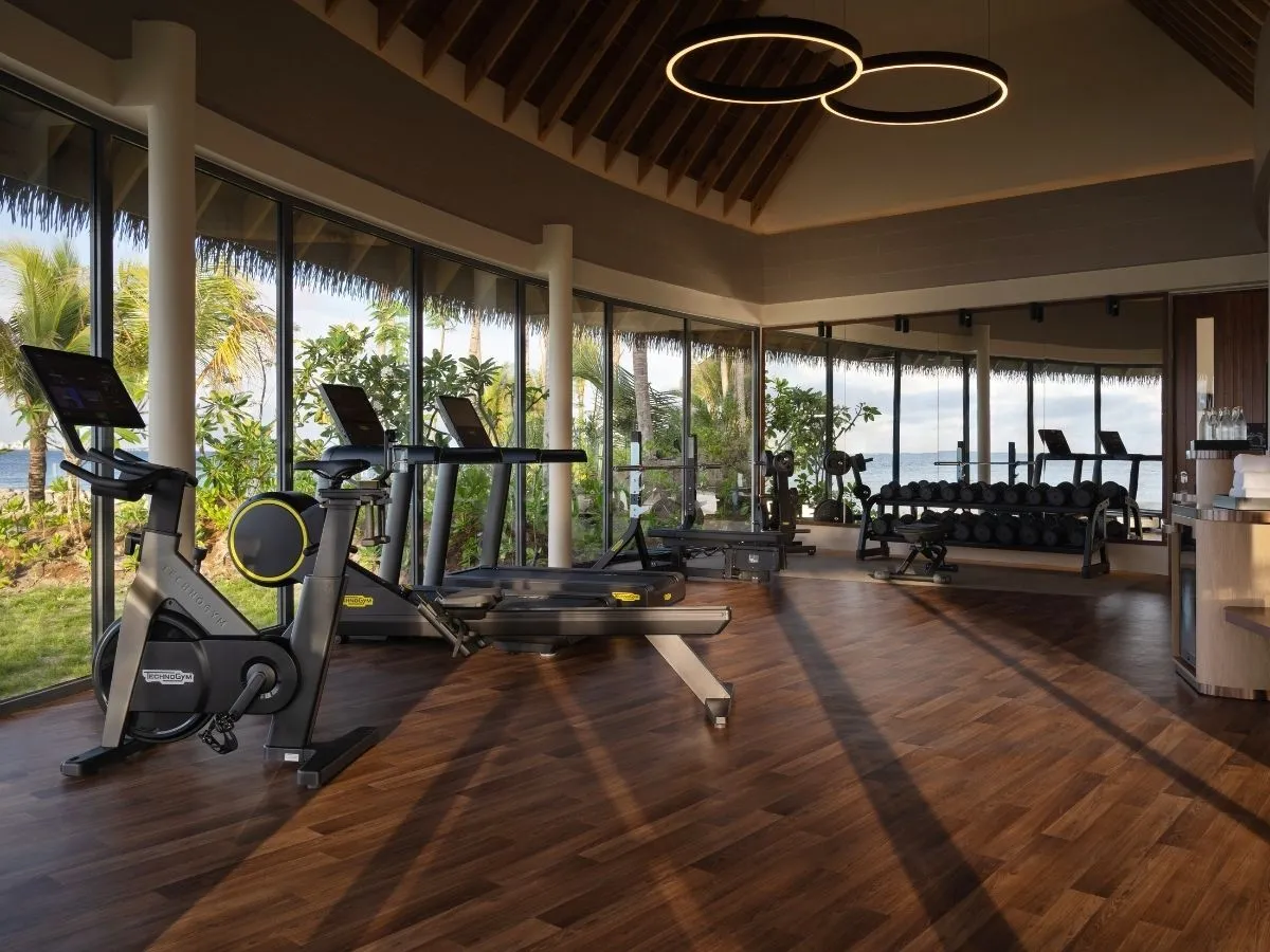 Gym treadmills and equipment facing palms.