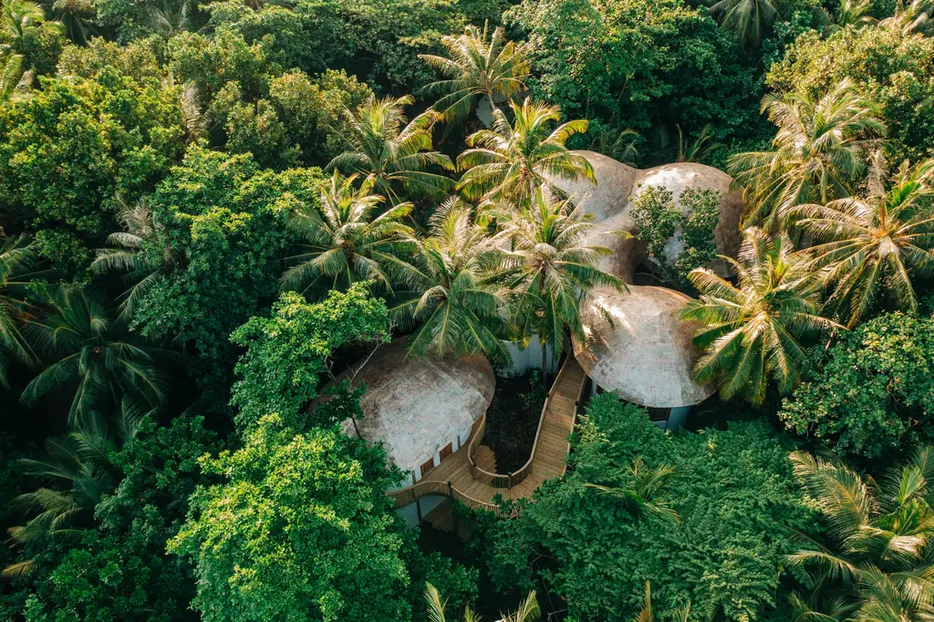 Soneva Soul from the air: the wellness centre’s domes among the palms