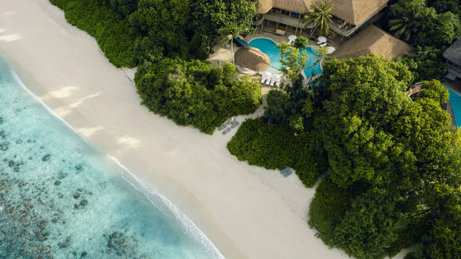 From above, a villa and its pool hidden in the green, a few steps from the beach