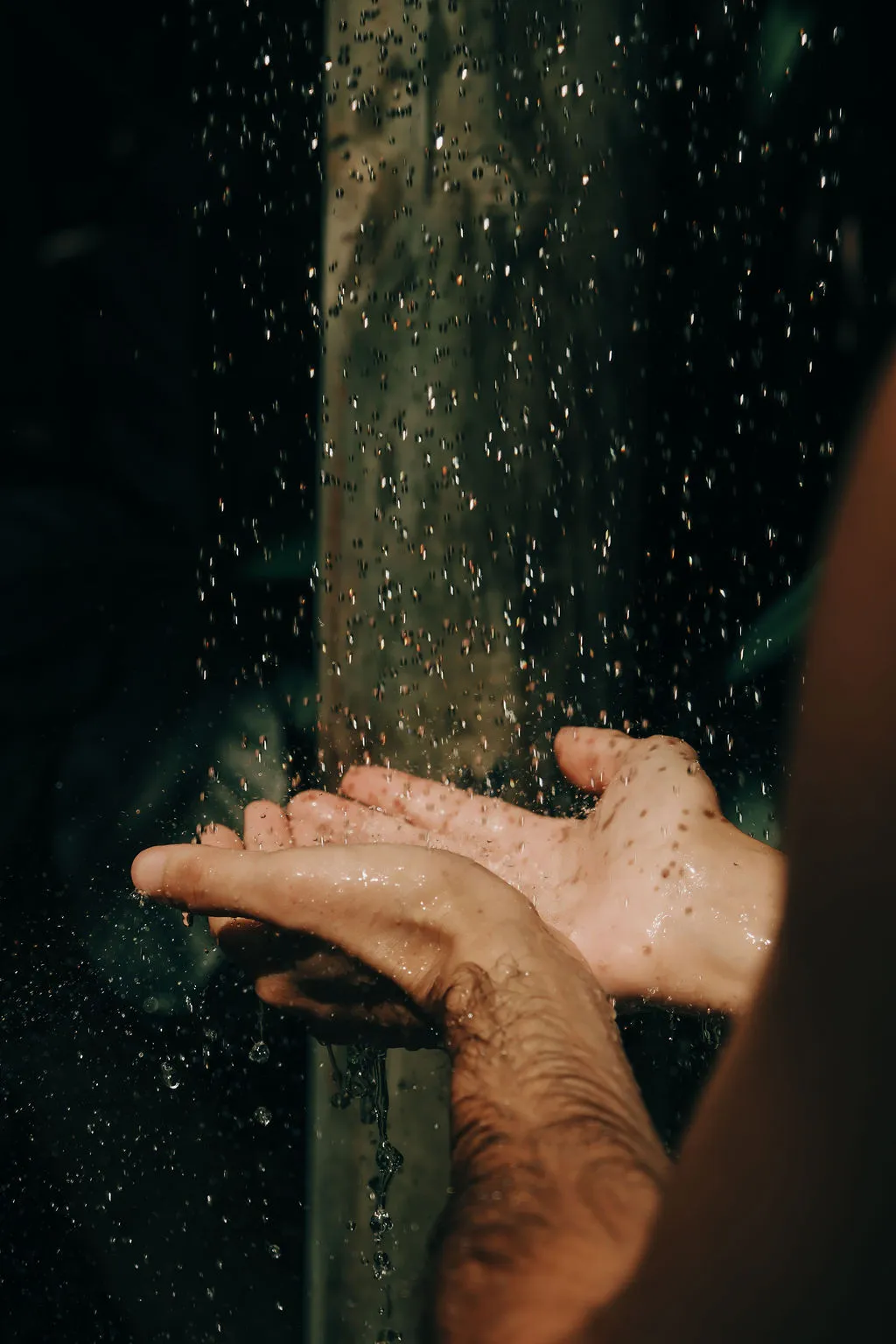 Hands under an outdoor shower, against the timber