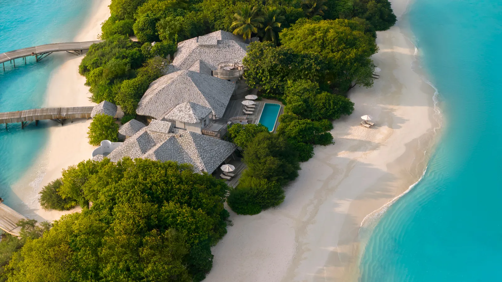 The Two-Bedroom Beach Pavilion from above, among the trees, with its pool on the beach and 2 jetties.