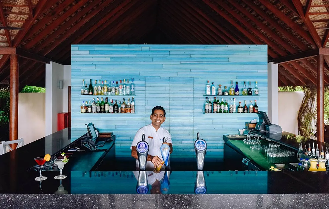 A bartender behind the counter with bottles and beer taps.