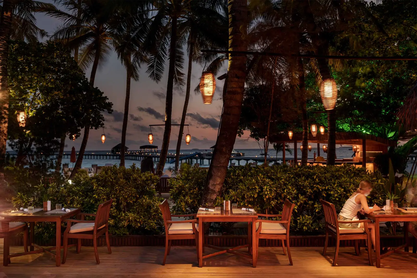 Bamboo in the evening: tables on the terrace among the palms, lanterns and the lagoon behind.