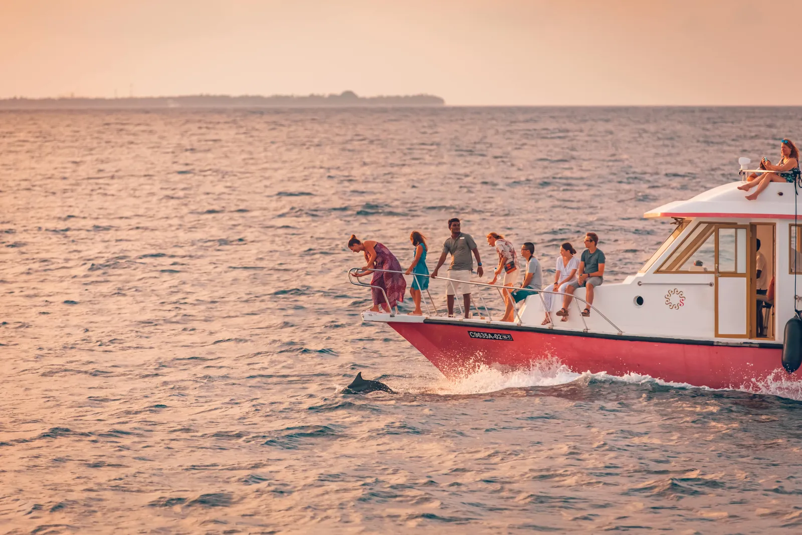 A family on the bow of a boat at sunset as a dolphin leaps beside the hull.