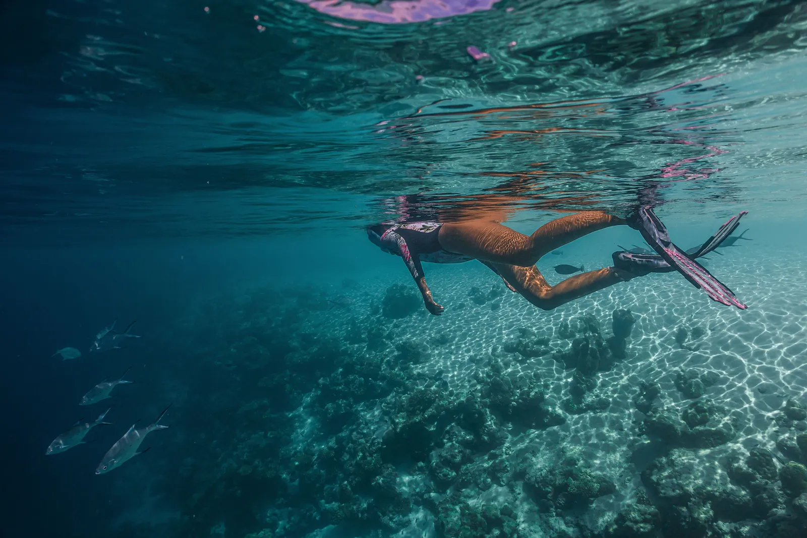 A young woman snorkelling over the reef among the fish and coral, seen from under the water.