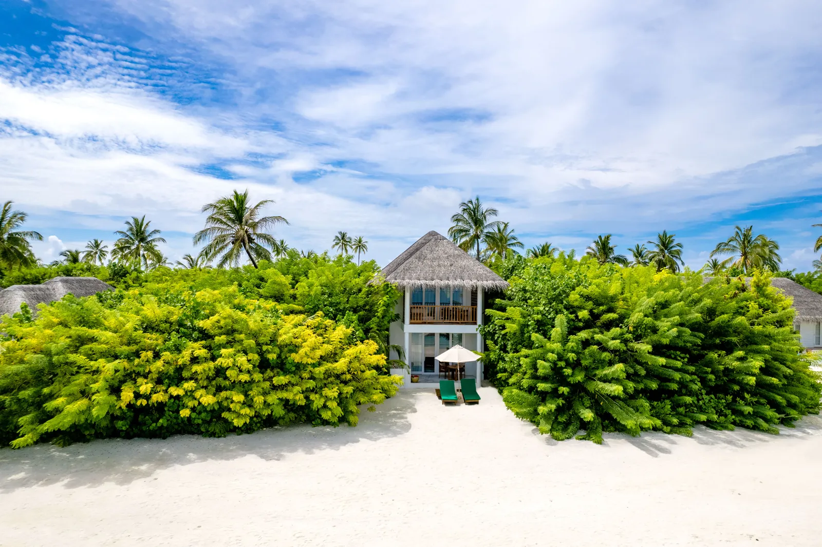 The 2-storey Beach Residence with Pool seen from the beach, between 2 banks of greenery.