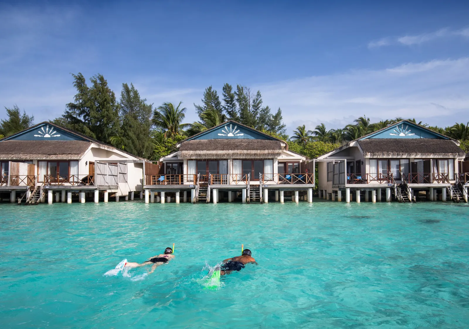 2 people snorkelling in the lagoon in front of the water villas, under the palms and a blue sky.