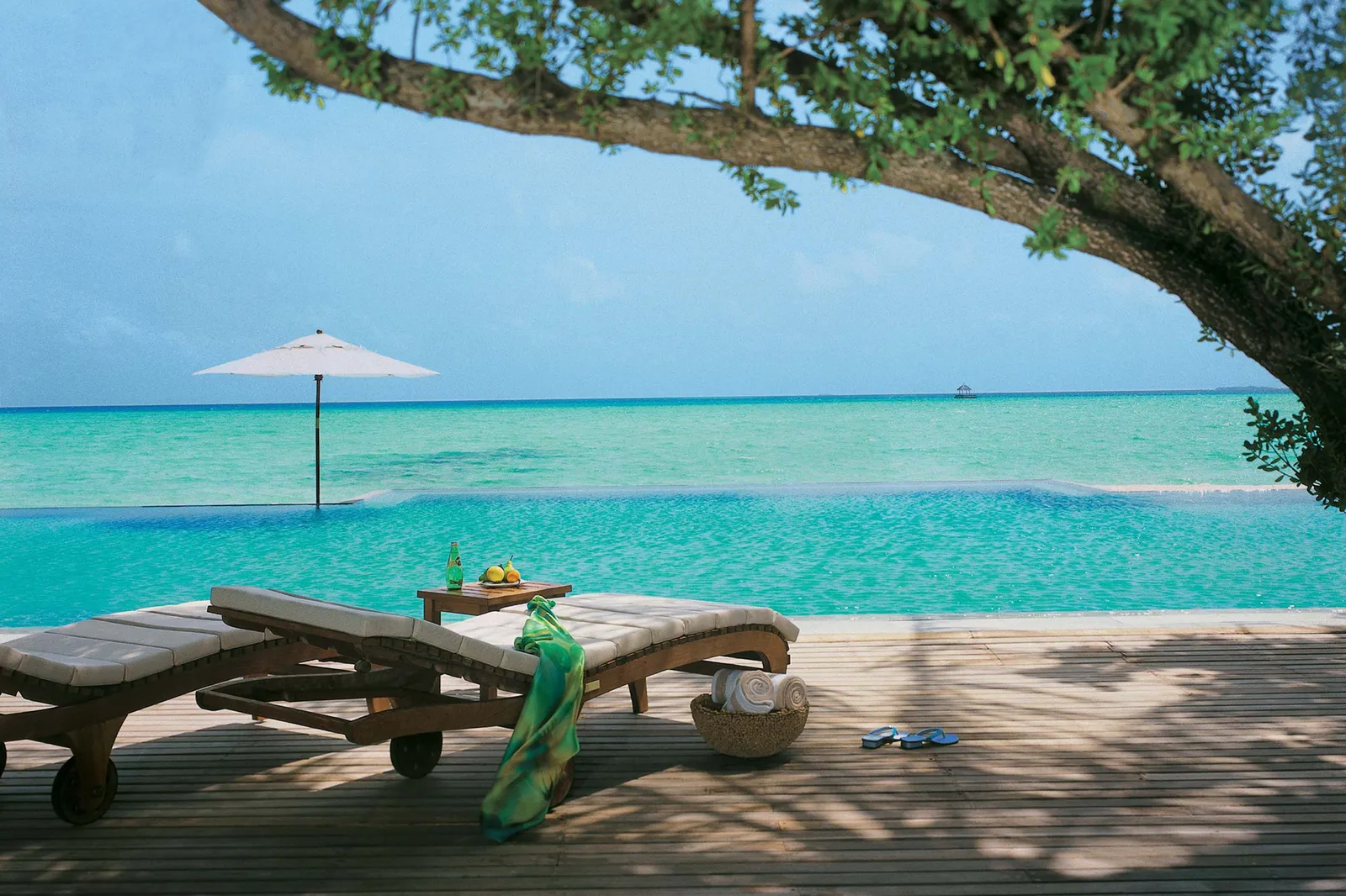 The shared infinity pool with loungers and beach beyond