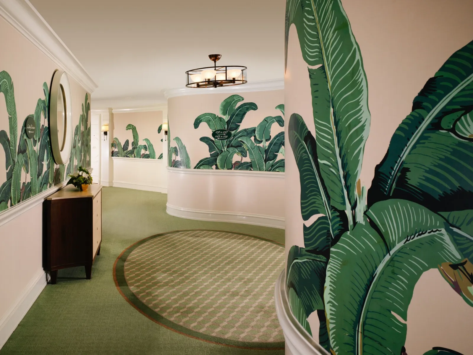 A corridor papered in the Martinique banana-leaf wallpaper, large green leaves