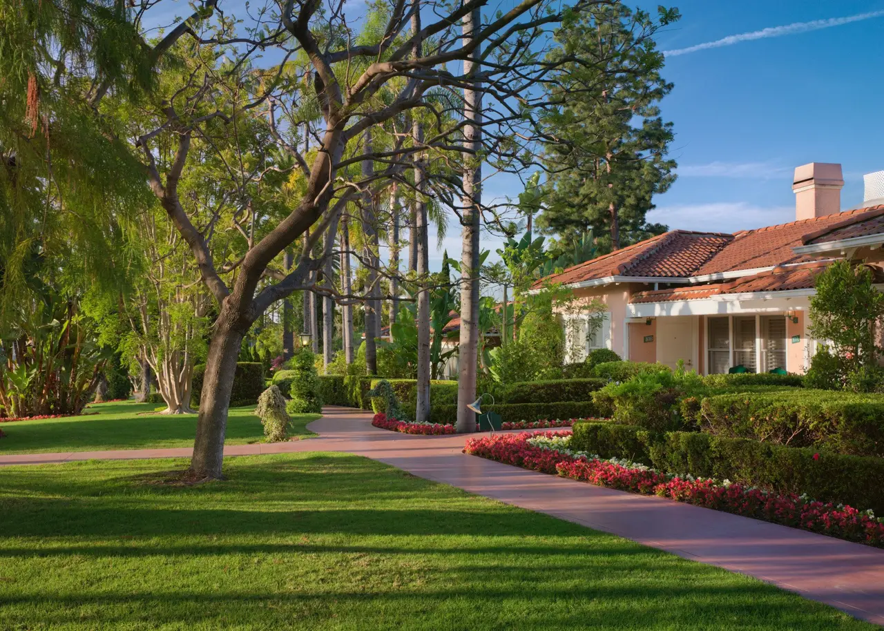 The path between the bungalows, lawns and palms, the pink cottages behind