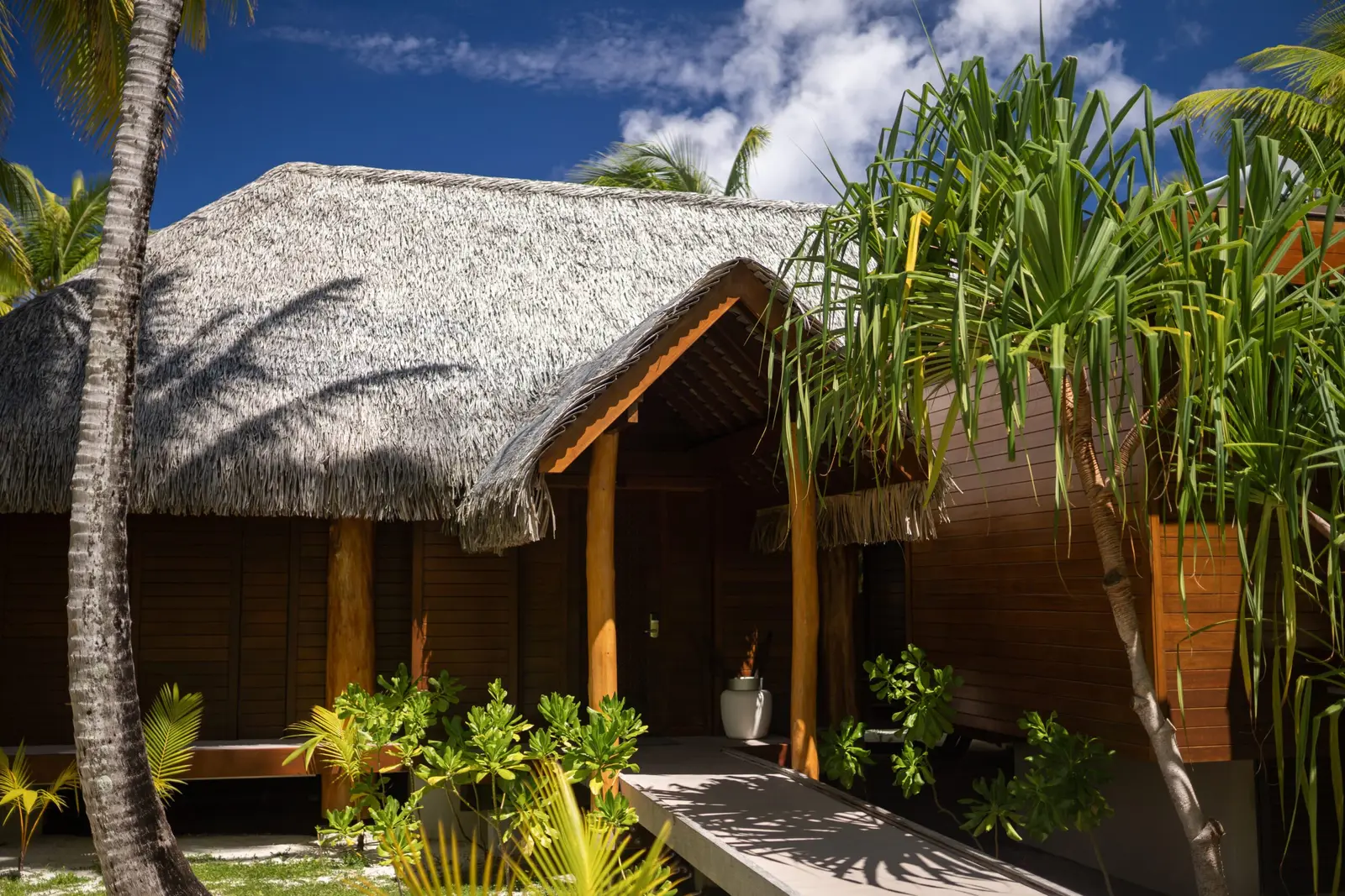 The thatched entrance of a one-bedroom villa, a timber walkway among the pandanus