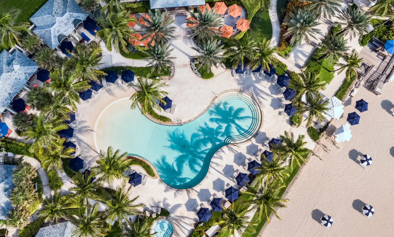 The Active Pool from above: a curving pool among the palms, loungers under blue parasols and the sand of the beach to the right.