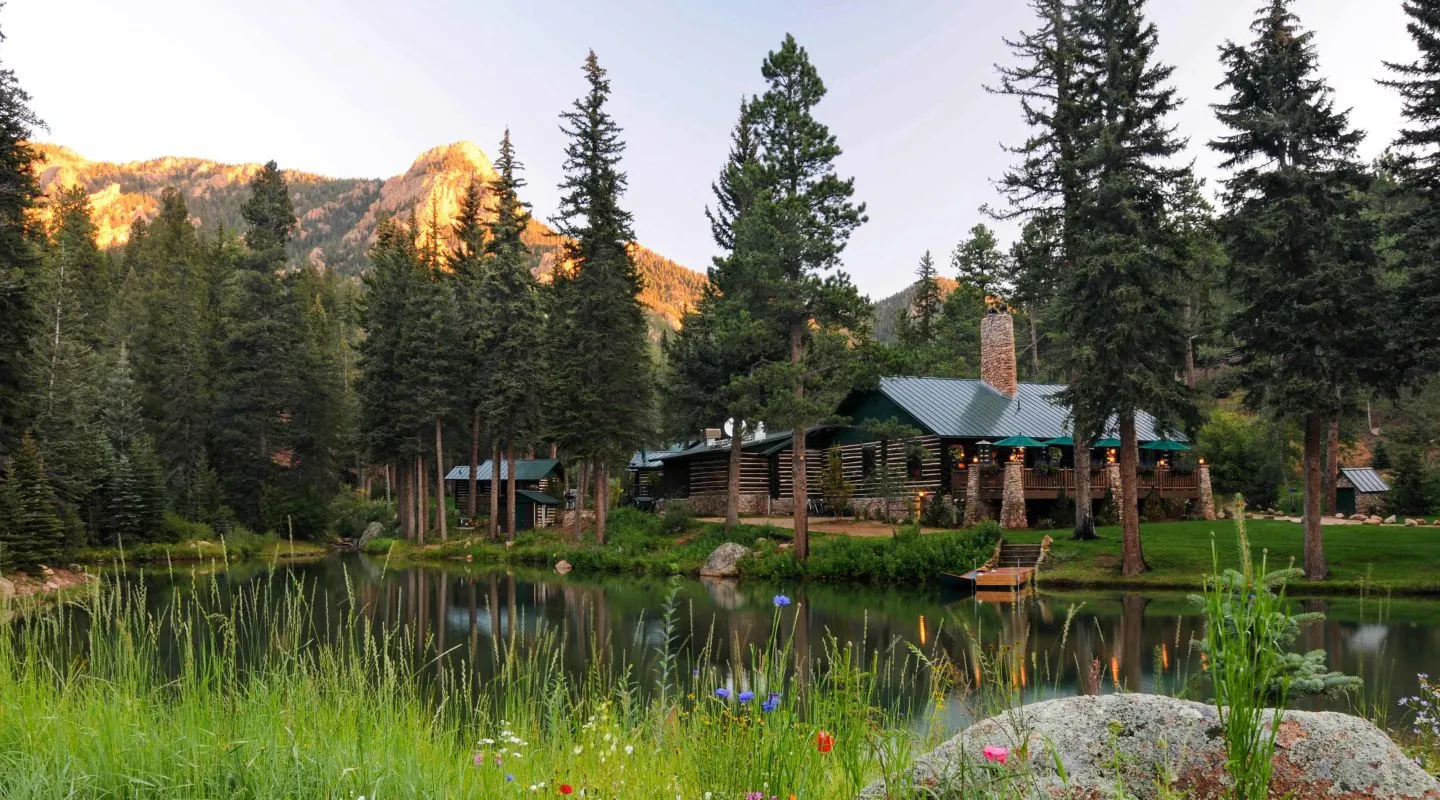 Wilderness Retreat cabins among the pines, facing a pond