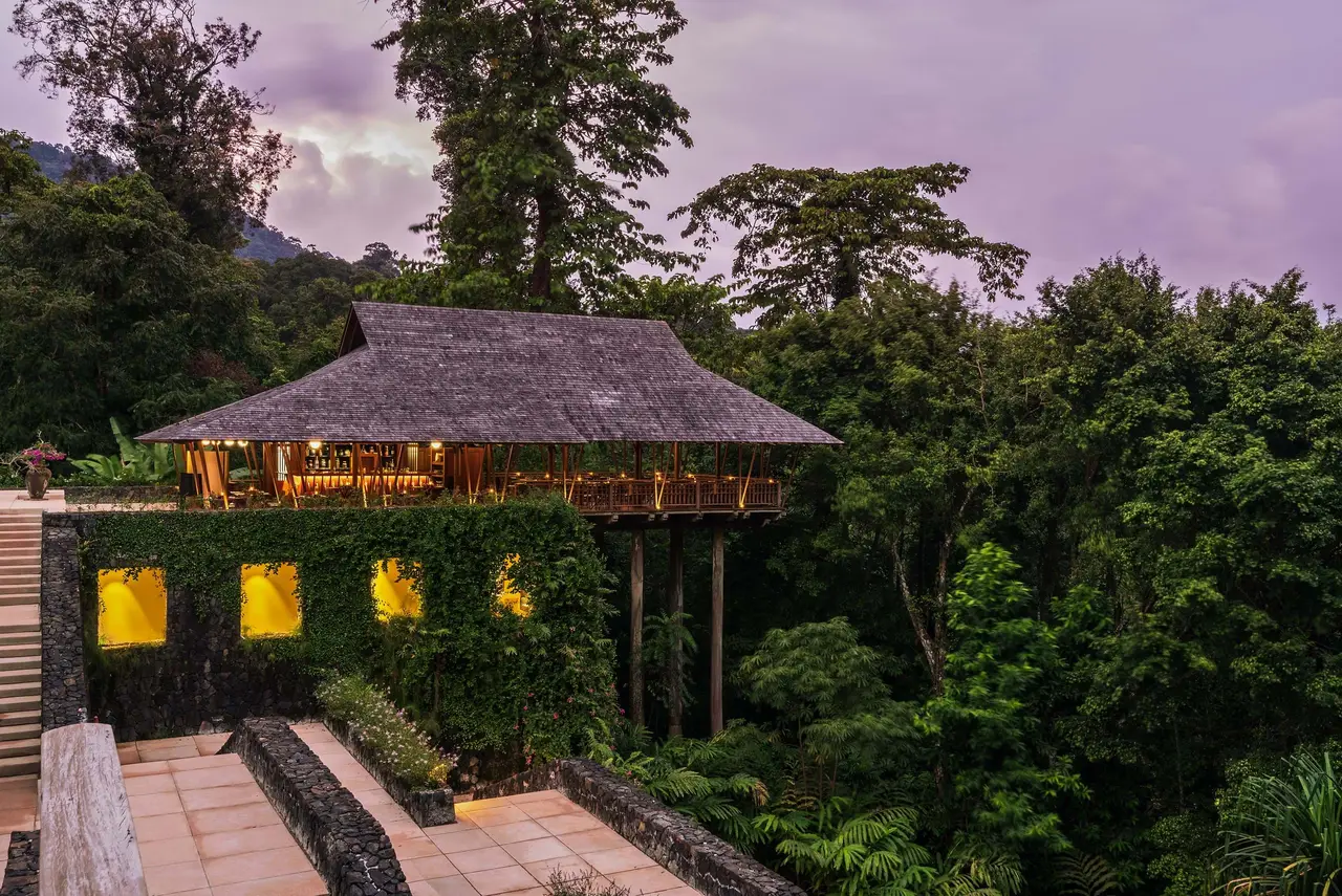 The Pavilion, a thatched restaurant on stilts, lit at dusk among the treetops