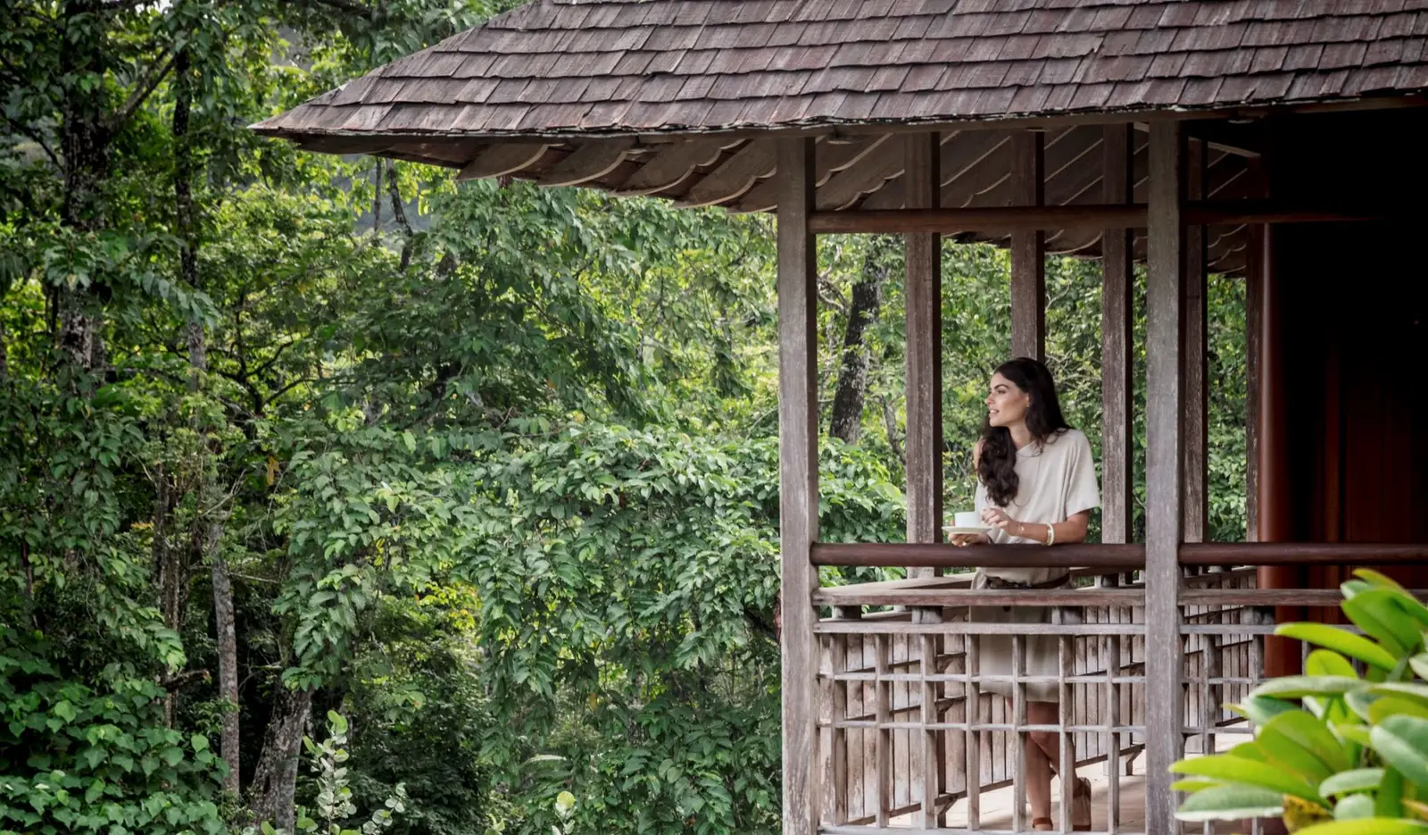 A woman on a Canopy Premium balcony, the forest canopy all around