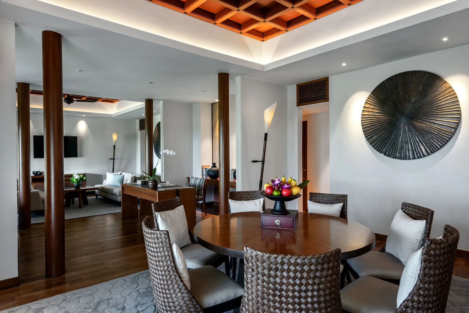 The Datai Suite’s dining table for 6 and the living room beyond