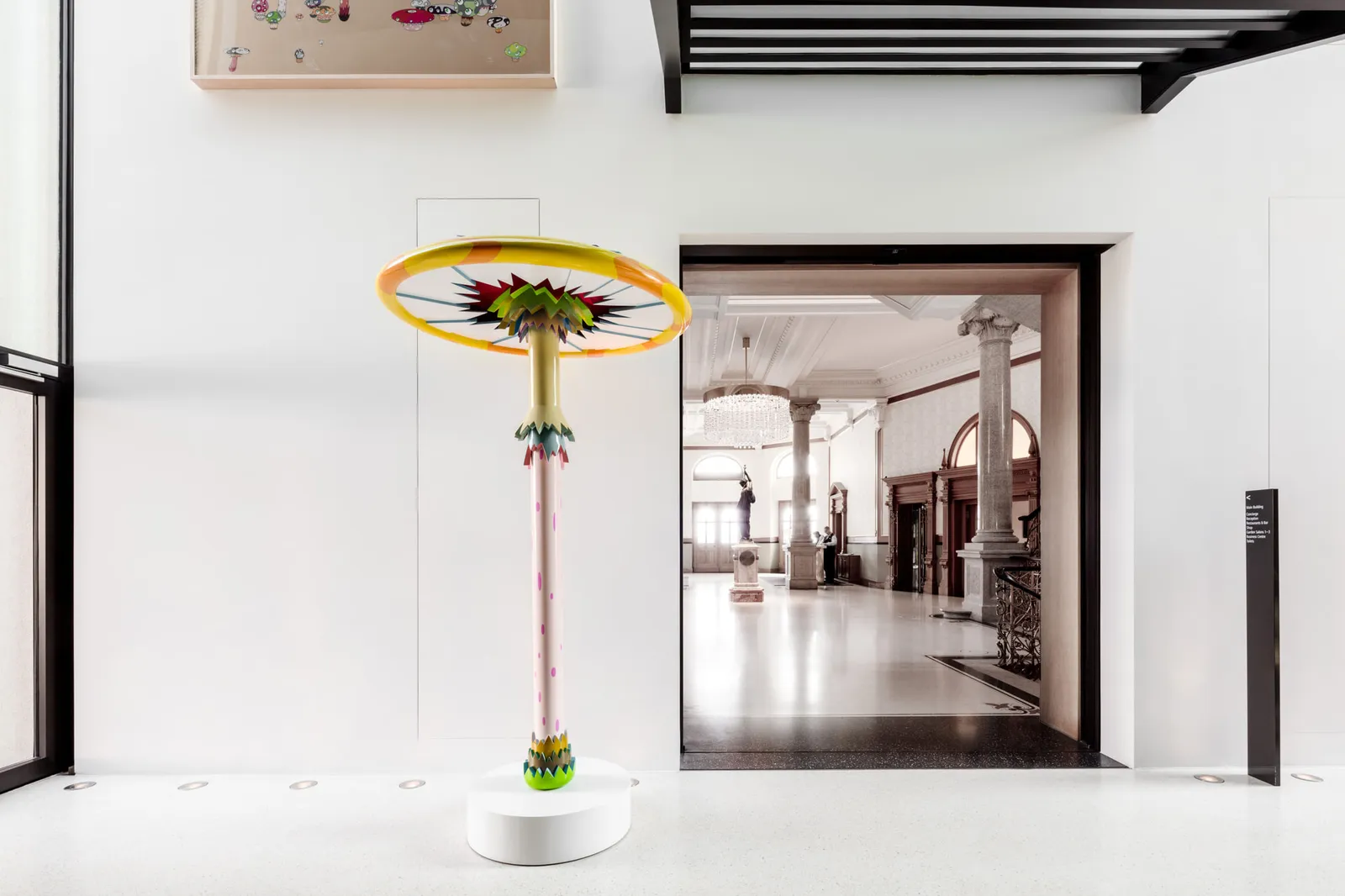 Takashi Murakami’s sculpture Troll’s Umbrella in a white passage of the hotel
