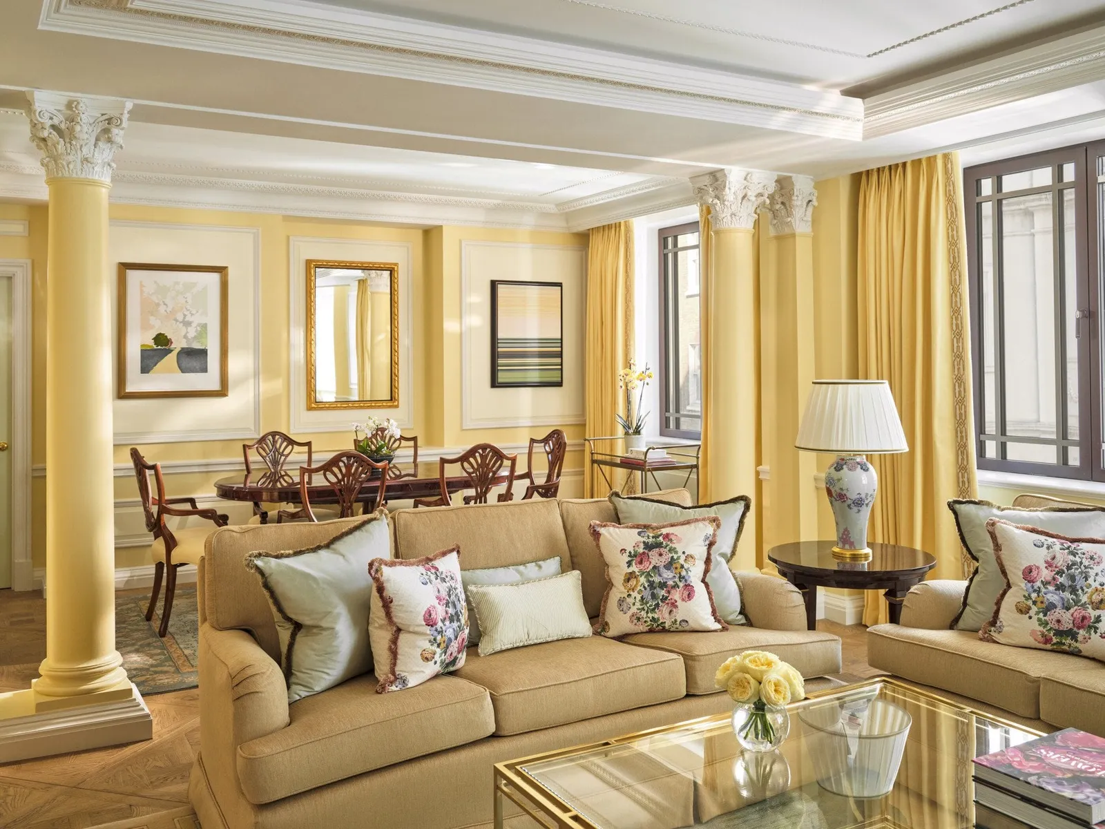 The Mayfair Suite’s yellow sitting room and its columns