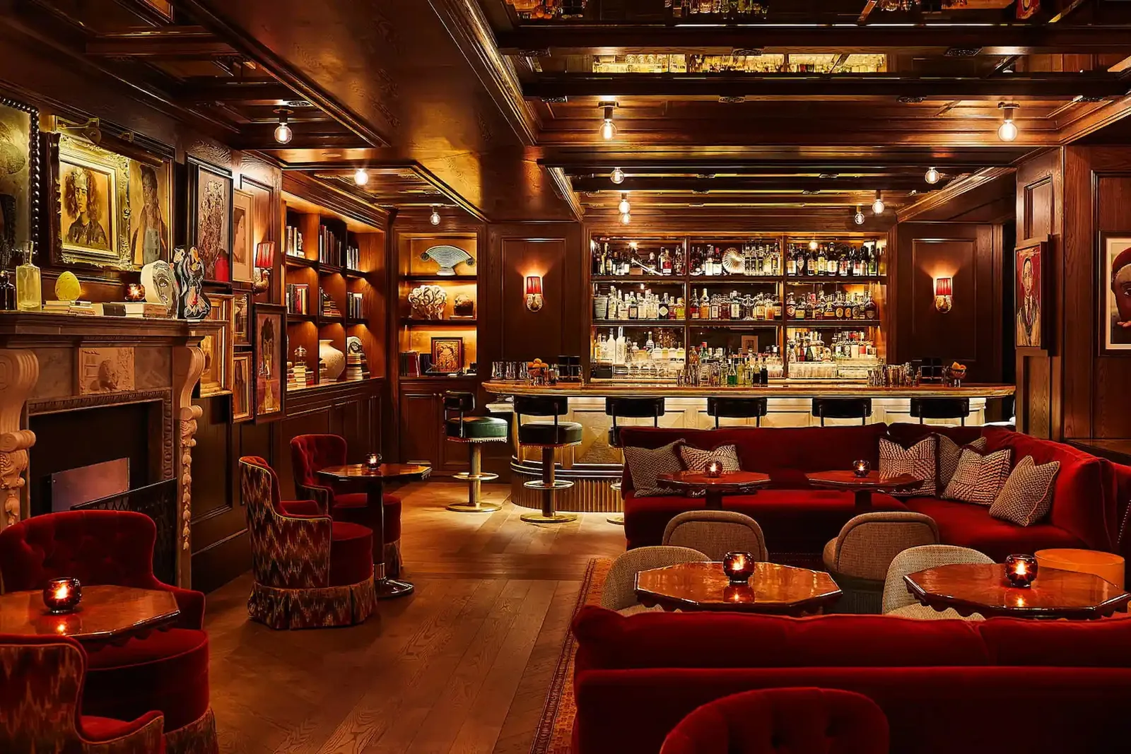 The Portrait Bar: red velvet sofas, the bar and wood-panelled walls hung with paintings