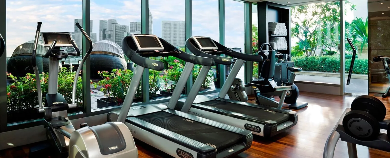 The gym: treadmills and machines facing the windows, with the roof’s greenery and the towers outside.