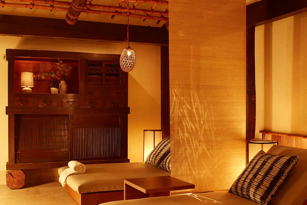 Shibui’s relaxation lounge with its daybeds and a lantern