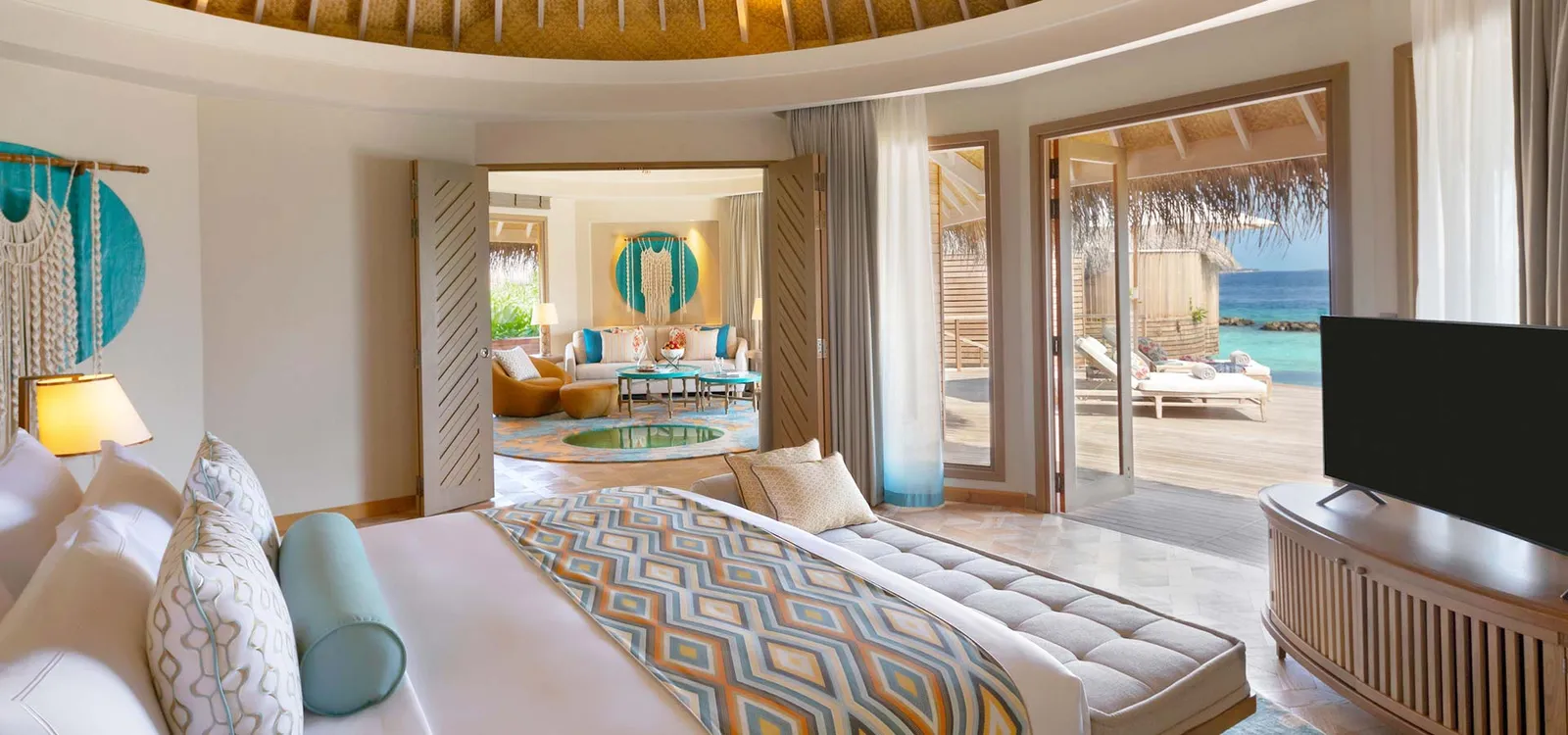 The bedroom looking towards the living area and lagoon.