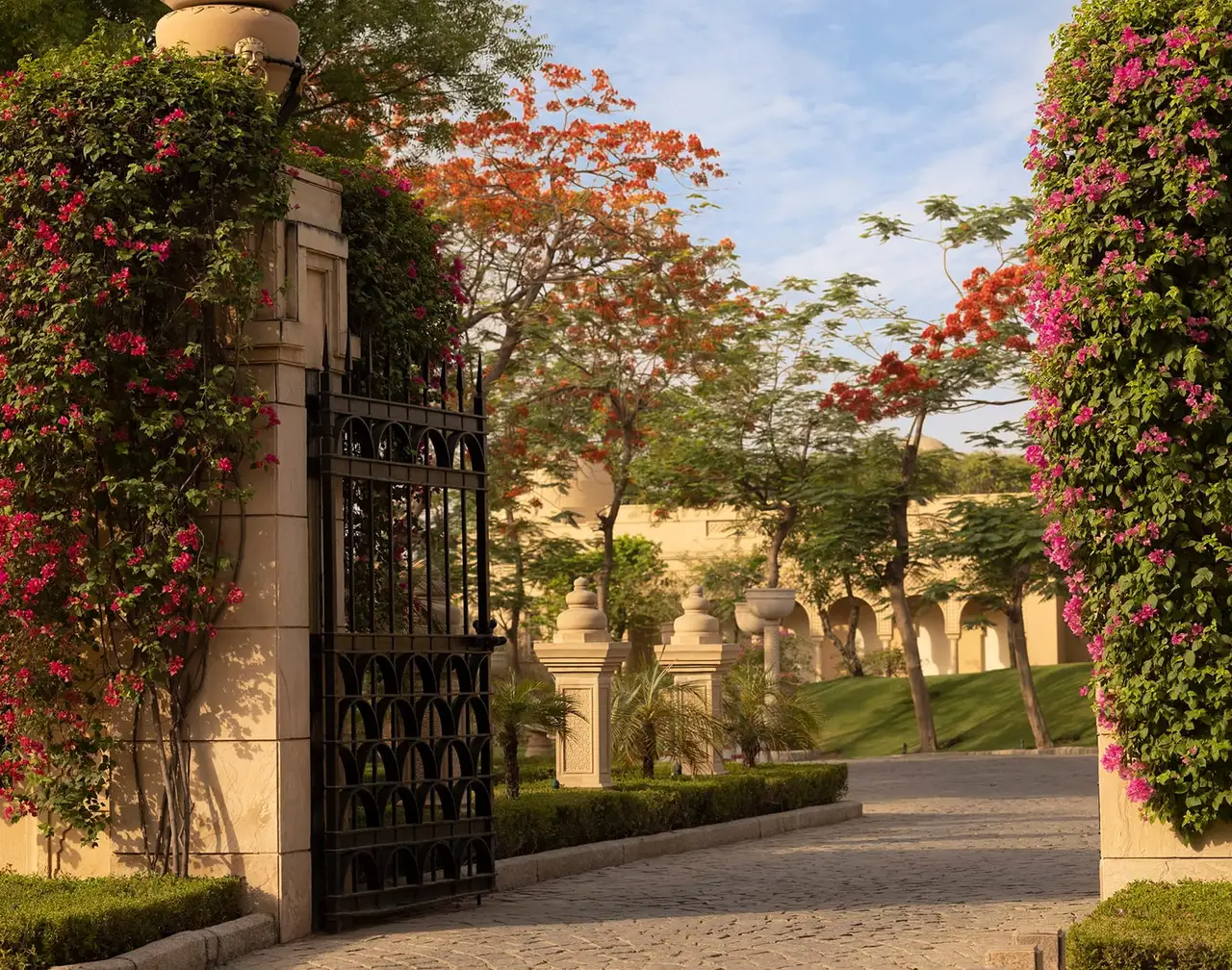 The iron gate between the bougainvillea, at the end of the entrance drive