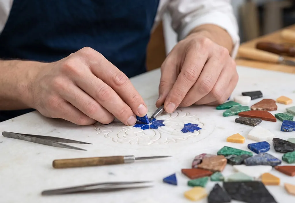 A craftsman’s hands setting pieces of coloured stone into a marble slab