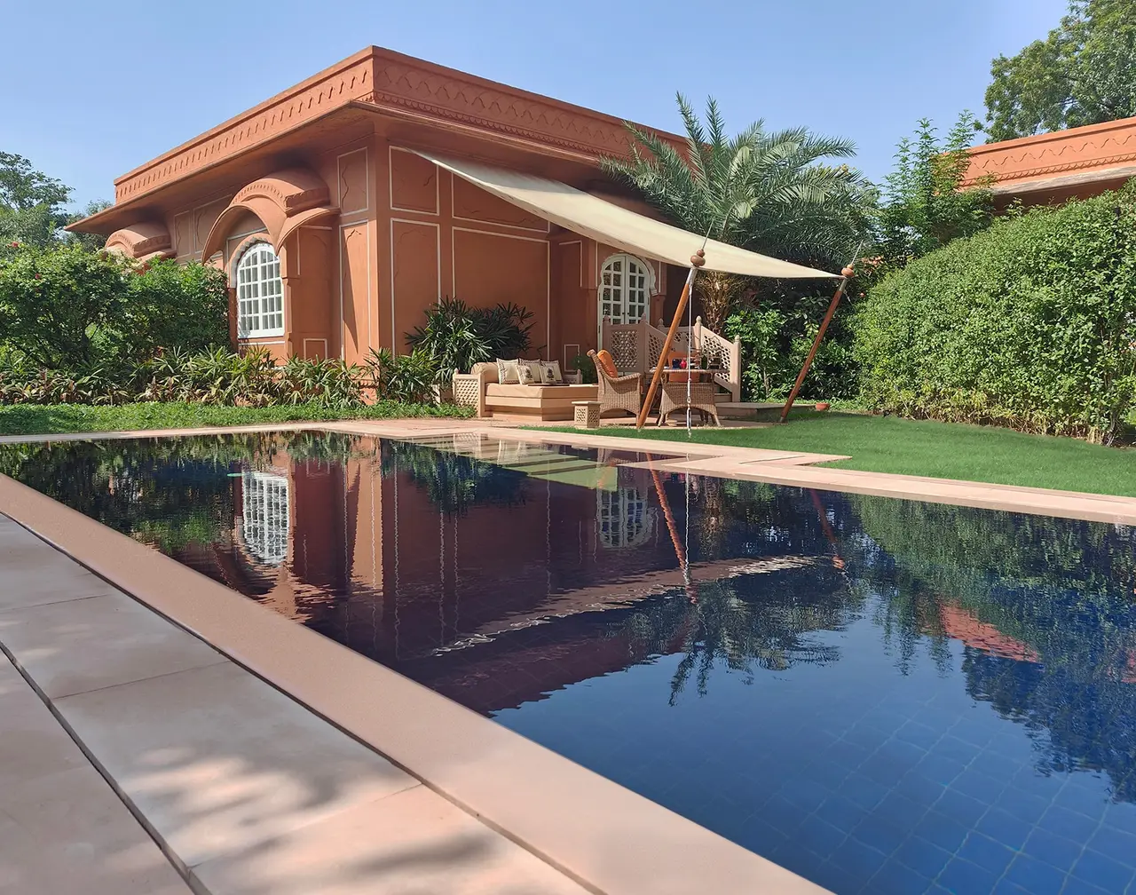 A Premier Room’s private pool in front of the pink pavilion