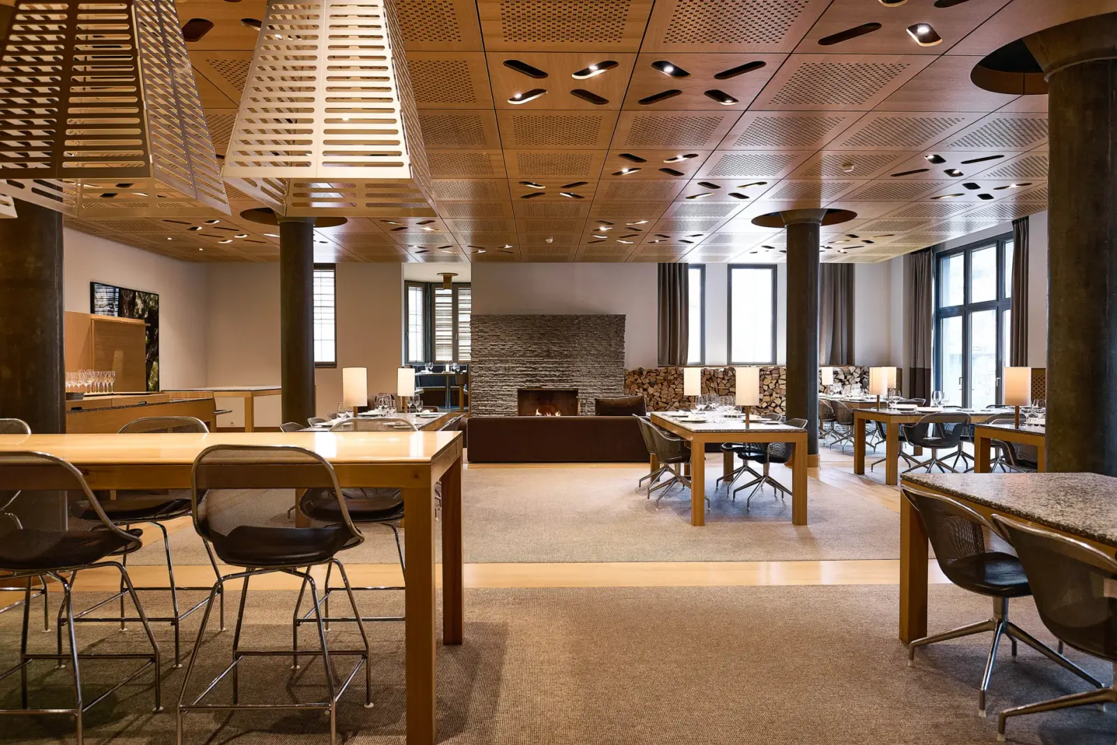 The restaurant dining room beneath its timber ceiling
