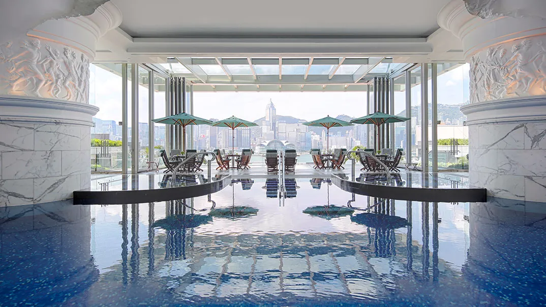 The indoor pool overlooking the harbour