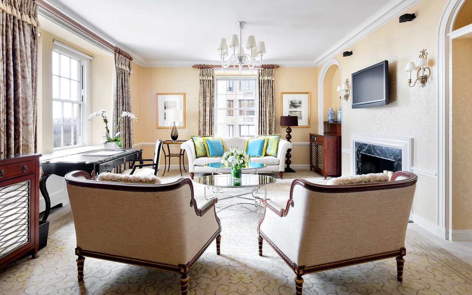 The Hutton Suite’s living room and fireplace