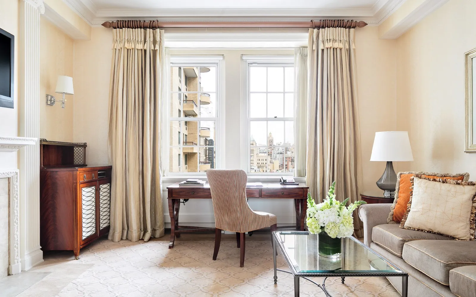 A Pierre Suite’s sitting room, with desk and sofa