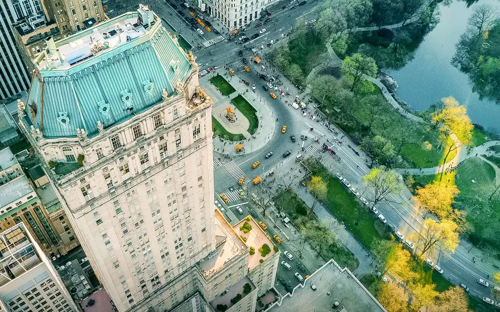 The Pierre’s tower from above, its copper roof beside Central Park