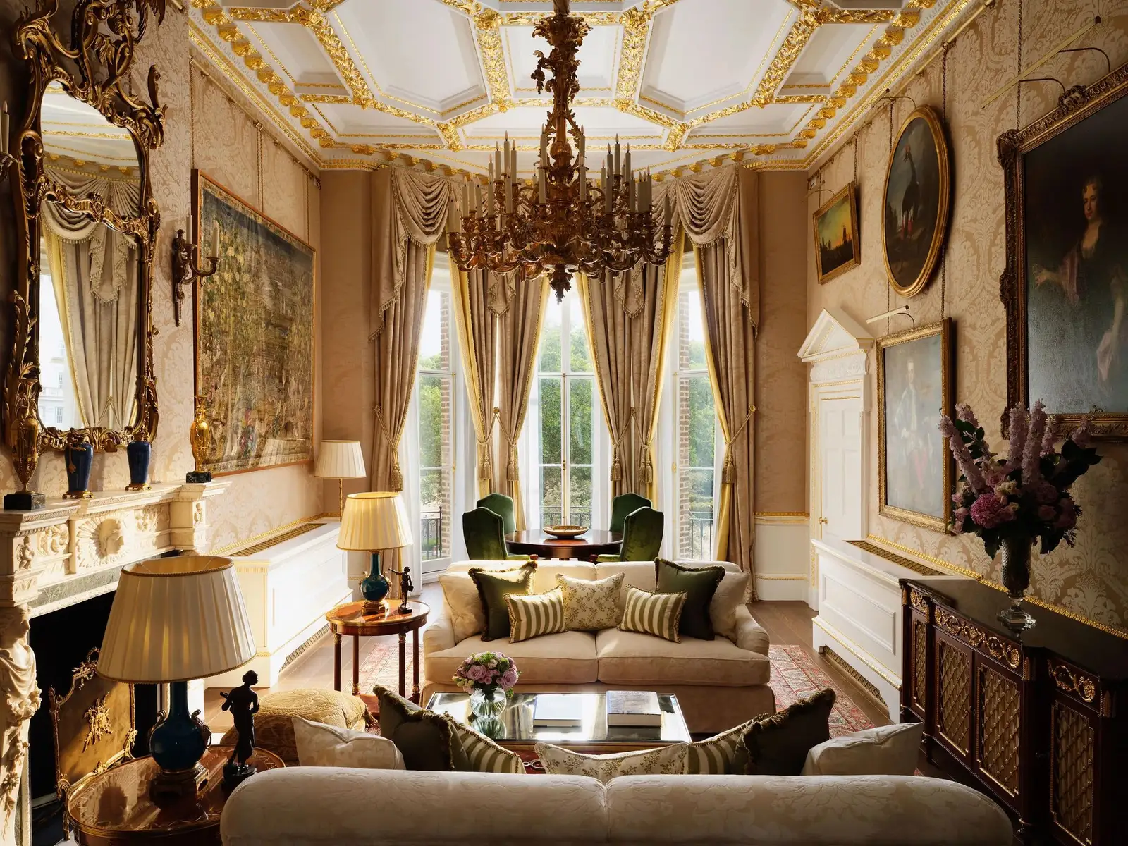 The Royal Suite’s sitting room: a gilded ceiling, a chandelier, pale sofas and tall windows with silk curtains